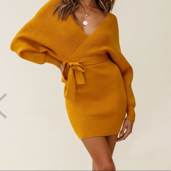 Indikah Dresses & Skirts - INDIKAH Gold Yellow Mustard Cameo Batwing Knit Sweater Dress Long Sleeve Fall M